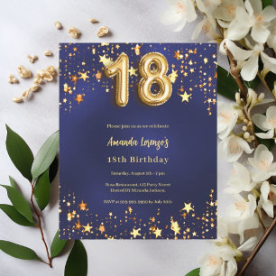 Papier 18e anniversaire marine bleu or étoiles invitation