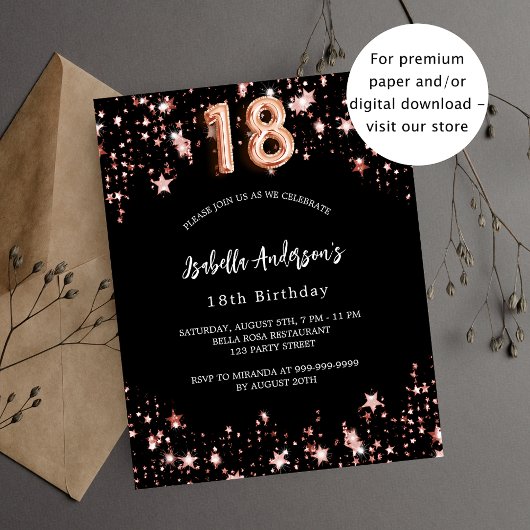 Papier 18e anniversaire noir rose étoiles invitation budg