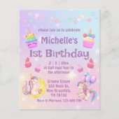 Papier 1er anniversaire licornes cupcakes invitation girl (Devant)