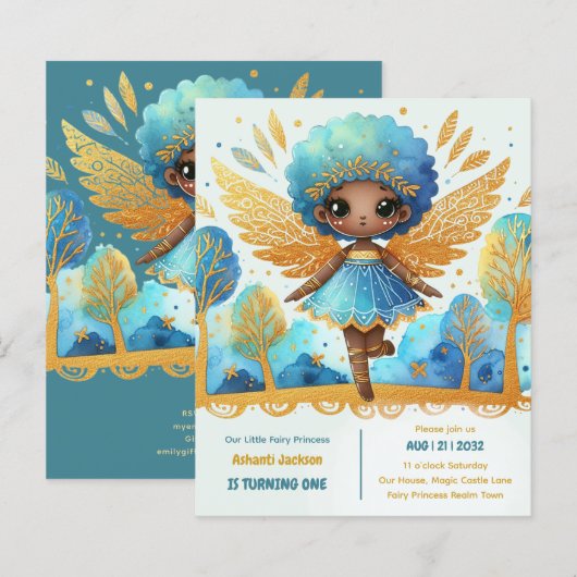 Papier 1er Anniversaire Petite Fée Princesse Africaine ON (Devant / Derrière)