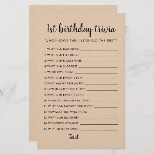 Papier 1er anniversaire Trivia édite jeu (Devant / Derrière)