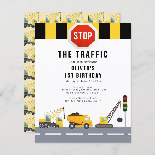 Papier 1ère fête d'anniversaire Construction Camion Invit (Devant / Derrière)