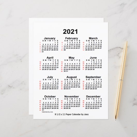 Papier 2021 White 52 Week Calendar by Janz 8.5x11 Paper (Devant/Arrière en situation)