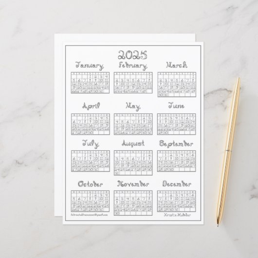 Papier 2025 Calendrier Fonte en tissu gris argenté imprim (Devant/Arrière en situation)