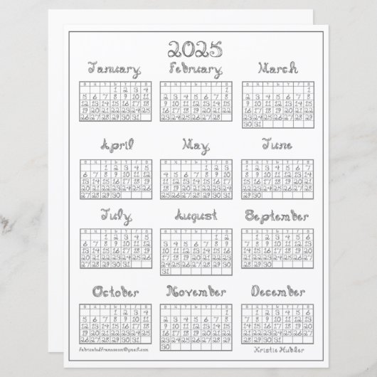 Papier 2025 Calendrier Fonte en tissu gris argenté imprim (Devant / Derrière)