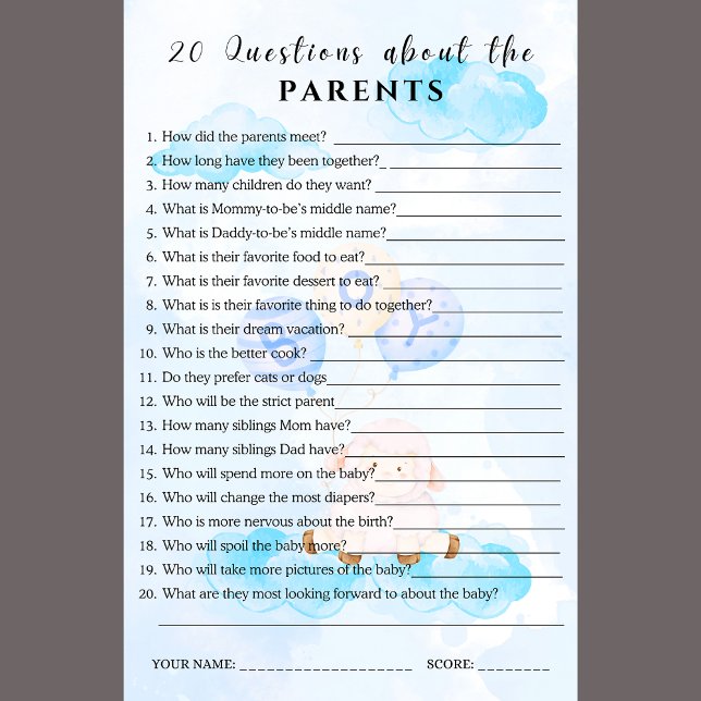 Papier 20 Choses sur le jeu de Baby shower Parents (Créateur téléchargé)