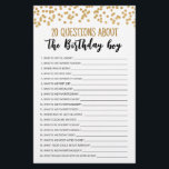 Papier 20 Questions À Propos Du Jeu Modifiable Pour Enfan<br><div class="desc">Achetez ce jeu éditable et profitez de la haute qualité 20 Questions A propos de la carte Birthday Boy pour votre événement! C'est un modèle de jeu,  Vous pouvez changer les questions comme vous le souhaitez! Conception de thème Gold confetti.</div>