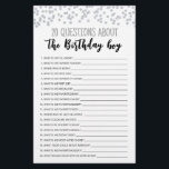 Papier 20 Questions À Propos Du Jeu Modifiable Pour Enfan<br><div class="desc">Achetez ce jeu éditable et profitez de la haute qualité 20 Questions A propos de la carte Birthday Boy pour votre événement! C'est un modèle de jeu,  Vous pouvez changer les questions comme vous le souhaitez! Conception de thème de confetti en argent.</div>