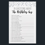 Papier 20 Questions À Propos Du Jeu Modifiable Pour Enfan<br><div class="desc">Achetez ce jeu éditable et profitez de la haute qualité 20 Questions A propos de la carte Birthday Boy pour votre événement! C'est un modèle de jeu,  Vous pouvez changer les questions comme vous le souhaitez! Conception de thème de confetti en argent.</div>
