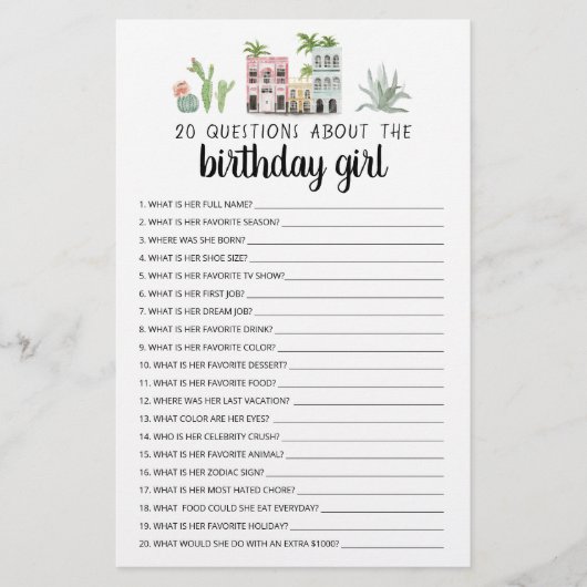 Papier 20 Questions sur la Fille qui Fête son Anniversair (Devant)