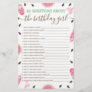 Papier 20 Questions sur la fille qui fête son anniversair