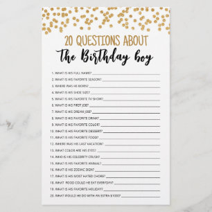 Papier 20 Questions sur le garçon qui fête son anniversai