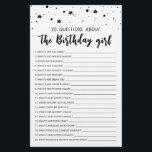 Papier 20 Questions sur le jeu Anniversaire Fille Anniver<br><div class="desc">Achetez ce jeu éditable et profitez de haute qualité 20 Questions sur la carte fille anniversaire pour votre événement! C'est un modèle de jeu,  Vous pouvez changer les questions comme vous le souhaitez! Design noir et blanc.</div>