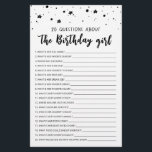 Papier 20 Questions sur le jeu Anniversaire Fille Anniver<br><div class="desc">Achetez ce jeu éditable et profitez de haute qualité 20 Questions sur la carte fille anniversaire pour votre événement! C'est un modèle de jeu,  Vous pouvez changer les questions comme vous le souhaitez! Design noir et blanc.</div>