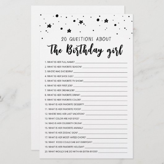 Papier 20 Questions sur le jeu Anniversaire Fille Anniver (Devant / Derrière)