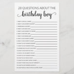 Papier 20 Questions sur le jeu Anniversaire Garçon Annive<br><div class="desc">Achetez ce jeu éditable et profitez de la haute qualité 20 Questions sur la carte Birthday Boy pour votre événement! C'est un modèle de jeu,  Vous pouvez changer les questions comme vous le souhaitez! Design noir et blanc.</div>