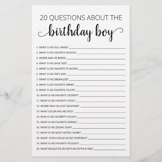 Papier 20 Questions sur le jeu Anniversaire Garçon Annive (Devant)