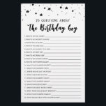 Papier 20 Questions sur le jeu Anniversaire Garçon Annive<br><div class="desc">Achetez ce jeu éditable et profitez de la haute qualité 20 Questions sur la carte Birthday Boy pour votre événement! C'est un modèle de jeu,  Vous pouvez changer les questions comme vous le souhaitez! Design noir et blanc.</div>