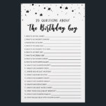 Papier 20 Questions sur le jeu Anniversaire Garçon Annive<br><div class="desc">Achetez ce jeu éditable et profitez de la haute qualité 20 Questions sur la carte Birthday Boy pour votre événement! C'est un modèle de jeu,  Vous pouvez changer les questions comme vous le souhaitez! Design noir et blanc.</div>