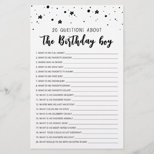 Papier 20 Questions sur le jeu Anniversaire Garçon Annive (Devant)