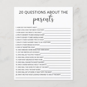 Papier 20 Questions sur le jeu de baby shower des parents