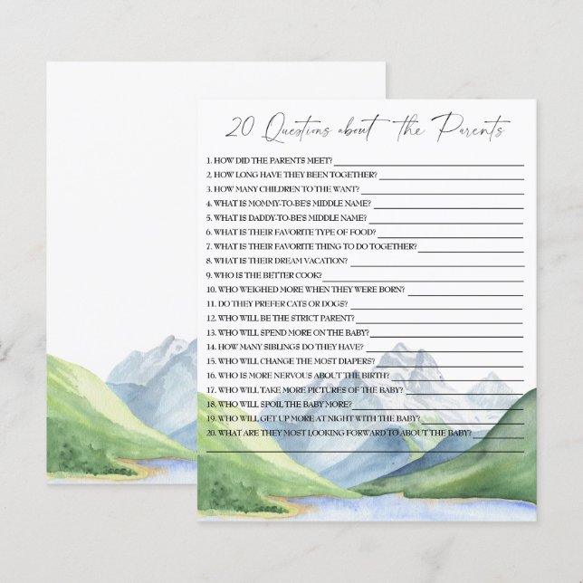 Papier 20 Questions sur le jeu de baby shower Parents (Devant / Derrière)