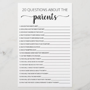 Papier 20 Questions sur le jeu de Baby shower Parents