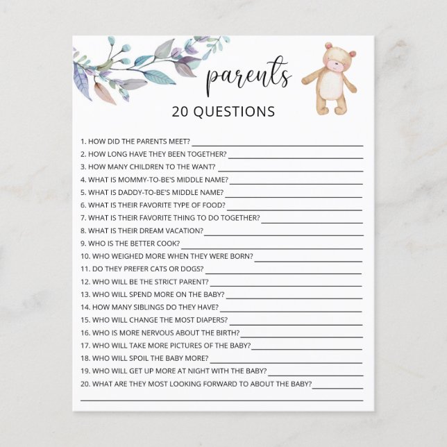 Papier 20 Questions sur le jeu de baby shower Parents (Devant)