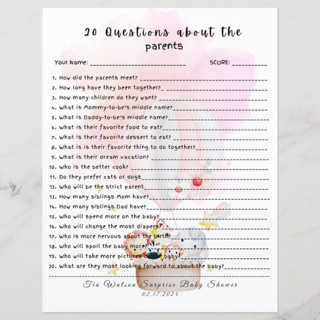 Papier 20 Questions sur le jeu de Baby shower Parents (Devant)