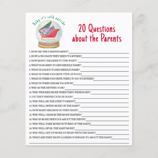 Papier 20 Questions sur le jeu de baby shower Parents (Devant)