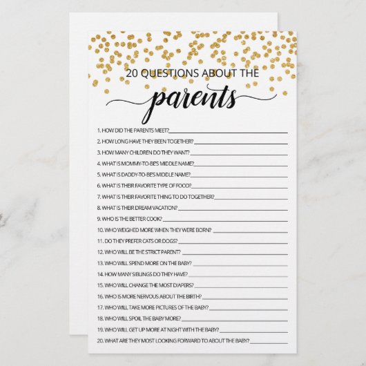 Papier 20 Questions sur le jeu de Baby shower Parents (Devant / Derrière)
