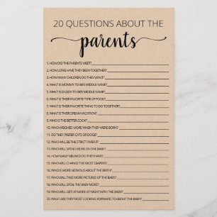 Papier 20 Questions sur le jeu de Baby shower Parents