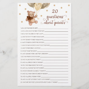 Papier 20 Questions sur les parents Baby shower de l'ours