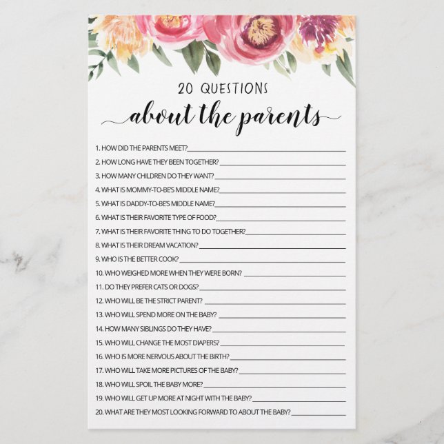 Papier 20 Questions sur les Parents Jeu modifiable (Devant)
