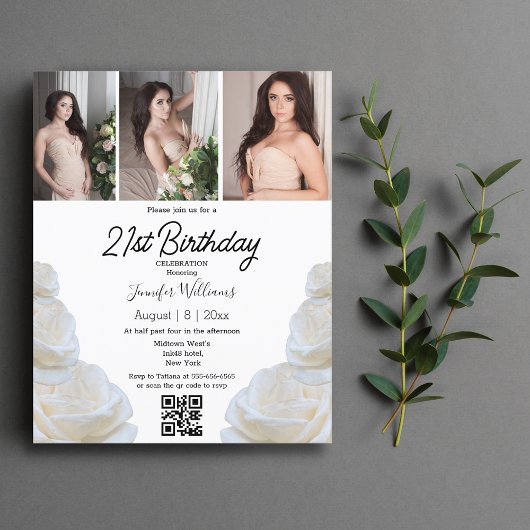 Papier 21e anniversaire 3 photos qr code invitation flora