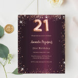 Papier 21e anniversaire burgundy rose or invitation<br><div class="desc">Pour un 21ème anniversaire élégant. Couleur de fond dégradée bordeaux. Décoré avec de l'or rose imitant poussière de paillettes. Personnalisez et ajoutez un nom et des détails du parti. Le nom est écrit avec un script de style écrit à la main. 1 feuille = 1 invite imprimé bord à bord....</div>