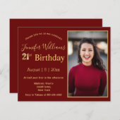 Papier 21e anniversaire écriture or photo invitation roug (Devant / Derrière)
