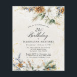 Papier 21e anniversaire Hiver Blanc Floral Invitation<br><div class="desc">Un de nos nouveaux modèles floraux d'hiver les plus populaires sur papier budget pour vous aider à réduire vos coûts. Si vous le préférez, il est également disponible sur cardstock. Cette élégante florale hivernale présente des fleurs blanches nichées dans la verdure et des pinecones aux accents dorés. L'arrière - plan...</div>