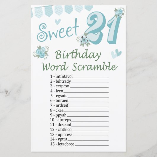 Papier 21e Anniversaire Jeu de course de mots (Devant)