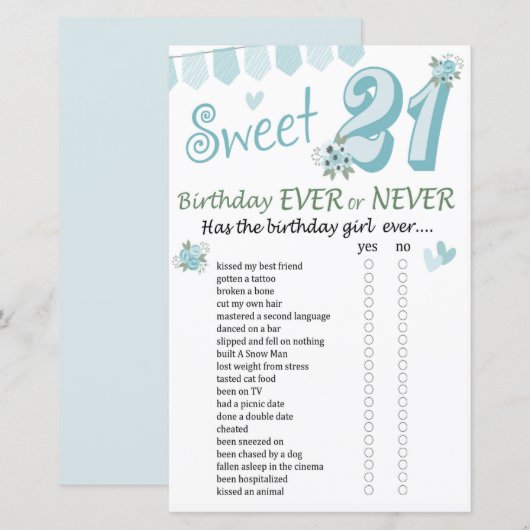 Papier 21e anniversaire Jeu jamais ou jamais (Devant / Derrière)