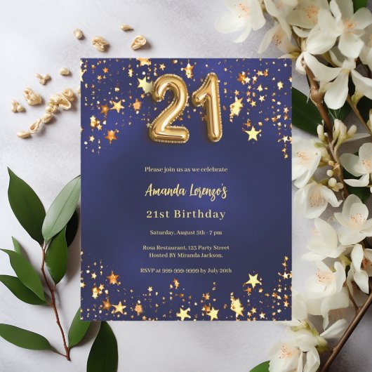 Papier 21e anniversaire marine bleu or étoiles invitation