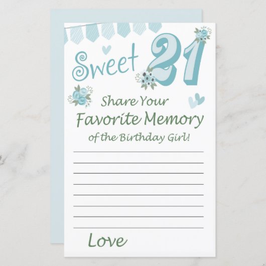 Papier 21e anniversaire Mémoire préférée de la fille anni (Devant / Derrière)