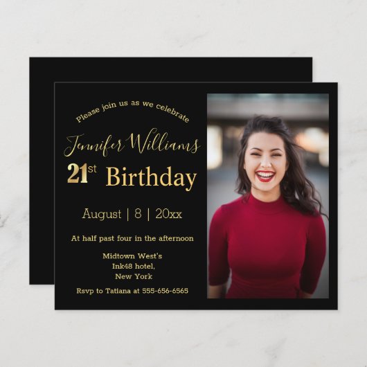 Papier 21e anniversaire noir or invitation photo (Devant / Derrière)
