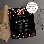 Papier 21e anniversaire noir rose or budget invitation<br><div class="desc">Un arrière - plan noir classique,  décoré d'étoiles dorées roses. Personnalisez et ajoutez un nom et des détails du parti. Le numéro 21 est écrit avec un script de style ballon. 1 feuille = 1 invite imprimé bord à bord.</div>