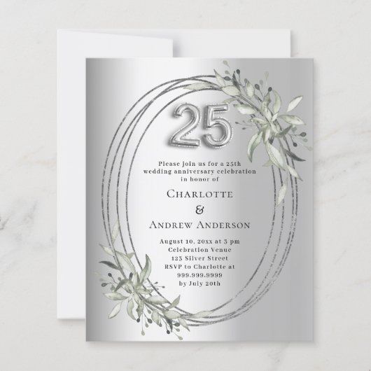 Papier 25e anniversaire du mariage invitation argent (Devant)