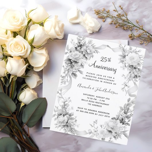 Papier 25e anniversaire mariage floraux argent invitation