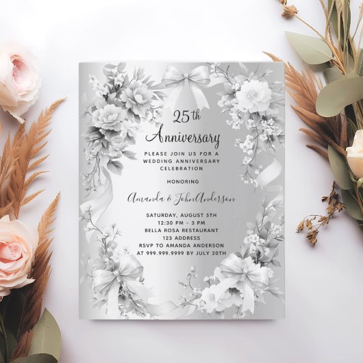 Papier 25e anniversaire mariage invitation florale argent