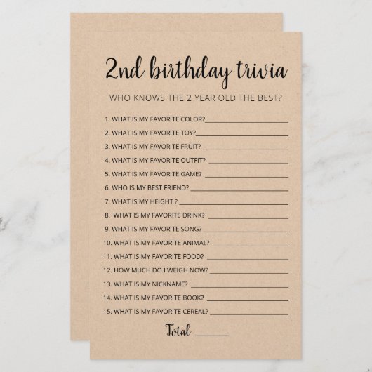 Papier 2ème anniversaire Trivia éditable jeu (Devant / Derrière)