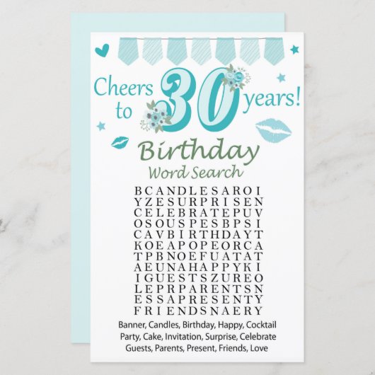 Papier 30 e Anniversaire Mot de recherche Jeu (Devant / Derrière)