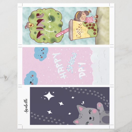 Papier 3 Kawaii Signets illustrés avec texte modifiable (Dos)